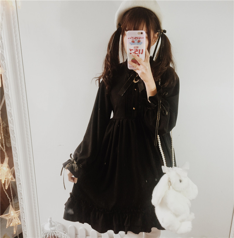 Moonlight-Castle-Cute-Women39s-Color-Black-Gothic-Lolita-Dress-Ribbon-Bow-Thick-Chiffon-Round-Collar-32787468743