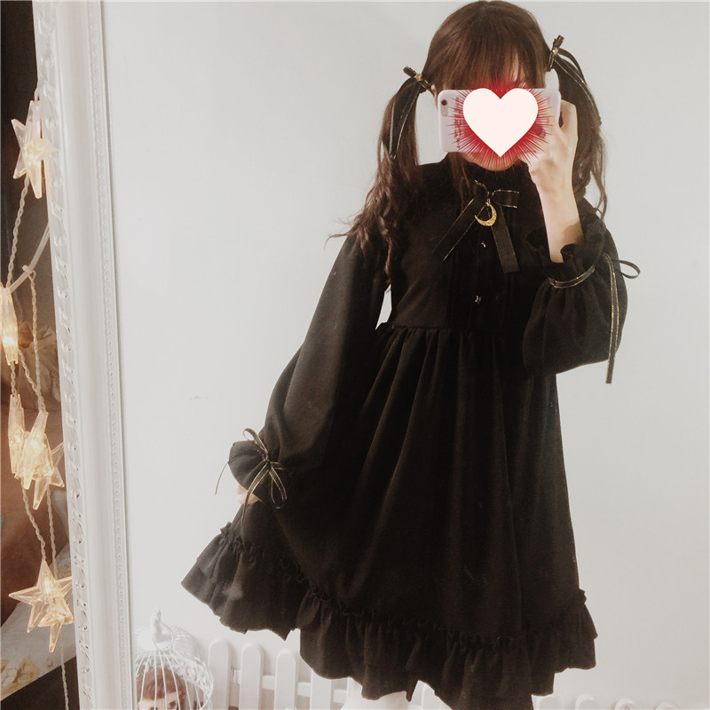 Moonlight-Castle-Cute-Women39s-Color-Black-Gothic-Lolita-Dress-Ribbon-Bow-Thick-Chiffon-Round-Collar-32787468743