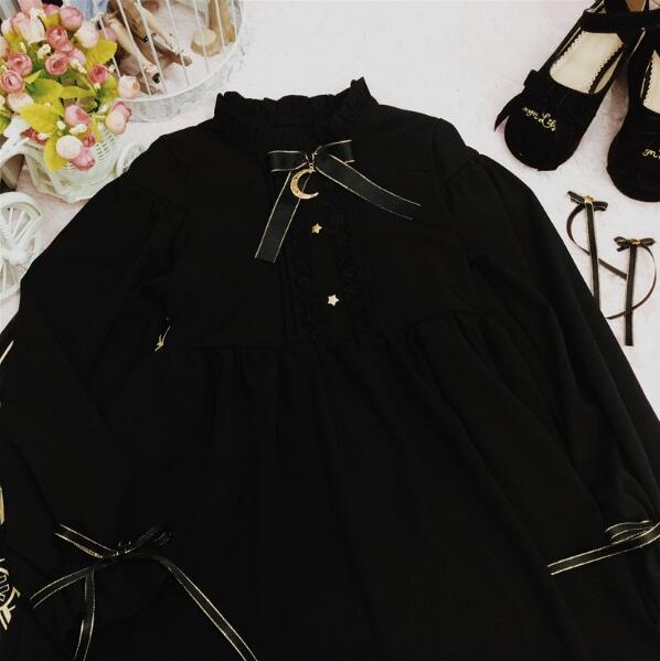 Moonlight-Castle-Cute-Women39s-Color-Black-Gothic-Lolita-Dress-Ribbon-Bow-Thick-Chiffon-Round-Collar-32787468743