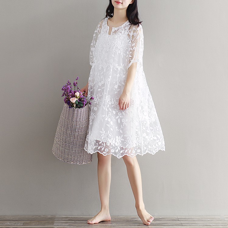 Mori-Girl-Chiffon-Dress-White-Color-High-Waist-Embroidery-Lace-Women-Dress-Half-Dress-O-Neck-Two-Pie-32687236537