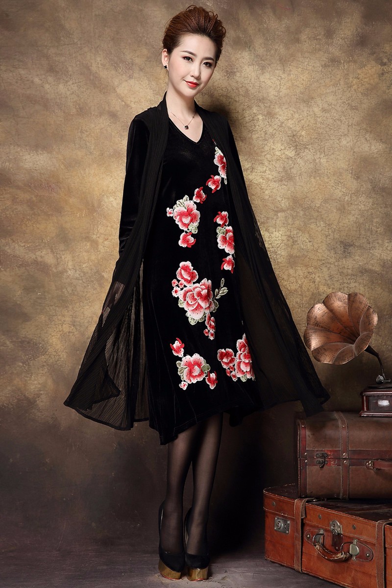 New-2016-Autumn-Women-Plus-size-floral-embroidery--Dress-faux-two-vintage-dress-high-end-middle-age--32727903361