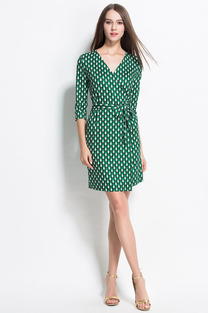 New-2016-Women-Fashion-Wrap-Dress-V-Neck-Cropped-Sleeve-belted-Dots-Print-Dress-Waistband-Split-Shea-32735242622