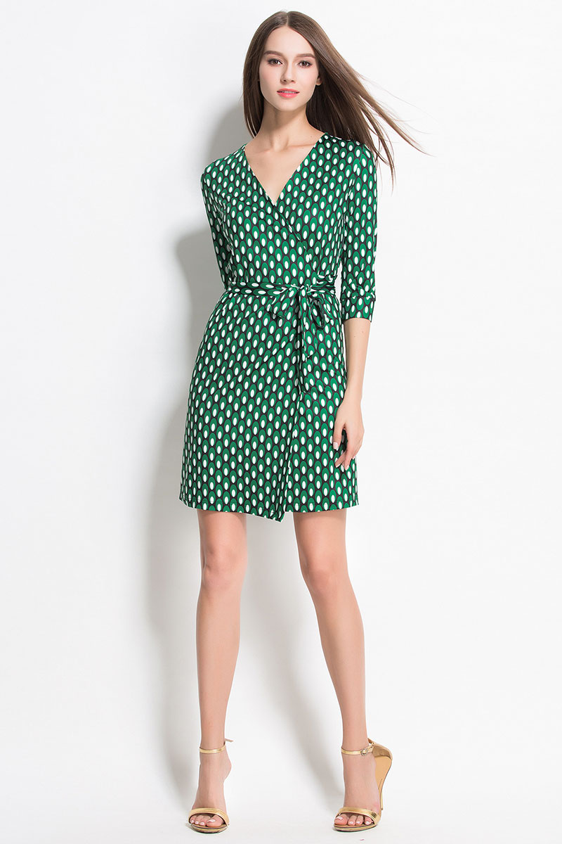 New-2016-Women-Fashion-Wrap-Dress-V-Neck-Cropped-Sleeve-belted-Dots-Print-Dress-Waistband-Split-Shea-32735242622