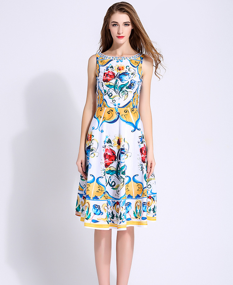 New-2016-summer-fashion-brand-women-floral-porcelain-tile-print-dress-sleeveless-casual-knee-length--32676119780