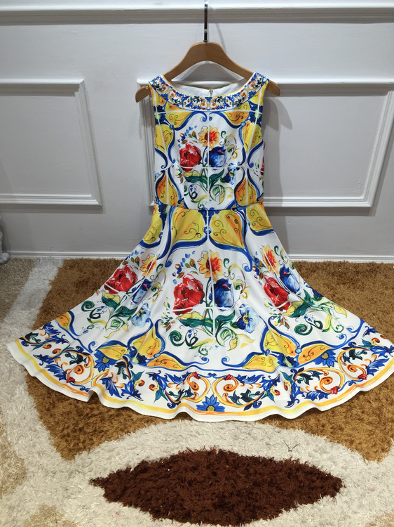 New-2016-summer-fashion-brand-women-floral-porcelain-tile-print-dress-sleeveless-casual-knee-length--32676119780