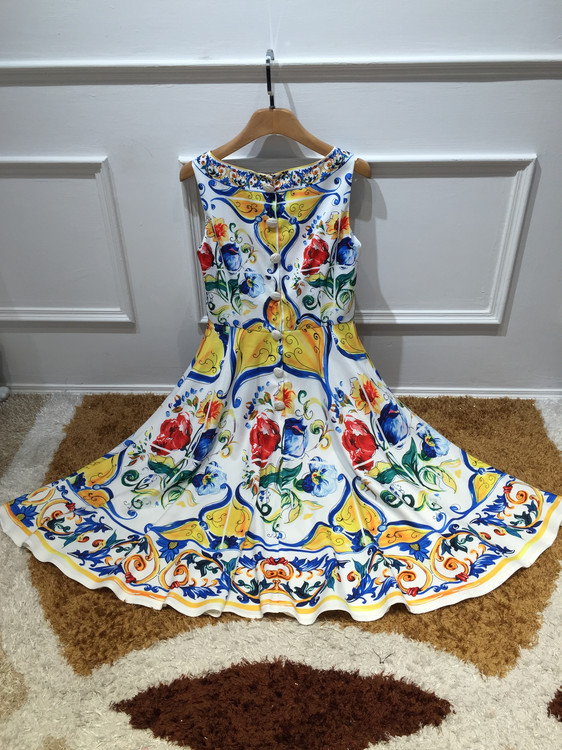 New-2016-summer-fashion-brand-women-floral-porcelain-tile-print-dress-sleeveless-casual-knee-length--32676119780