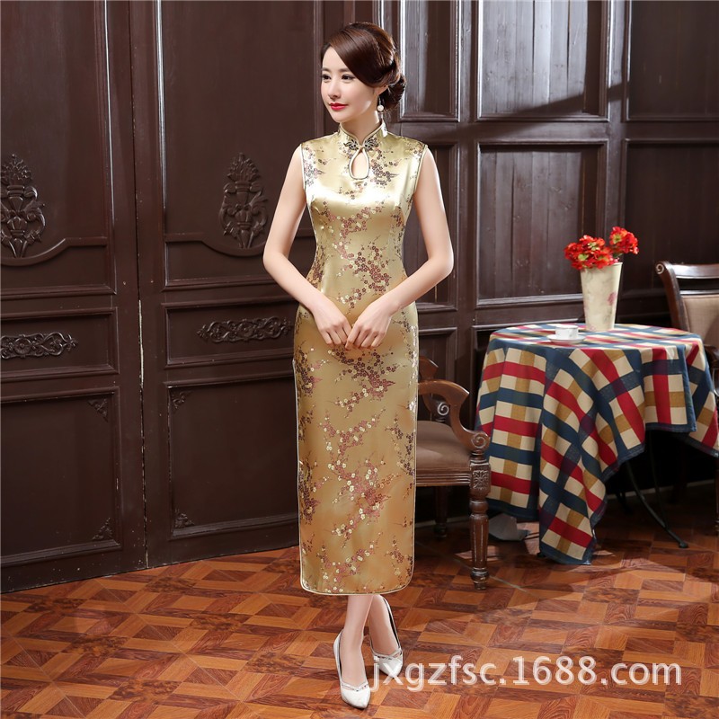 New-Arrival-Black-Chinese-Traditional-Dress-Women-Satin-Polyester-Cheongsam-Long-Dripping-Qipao-Top--32657883761