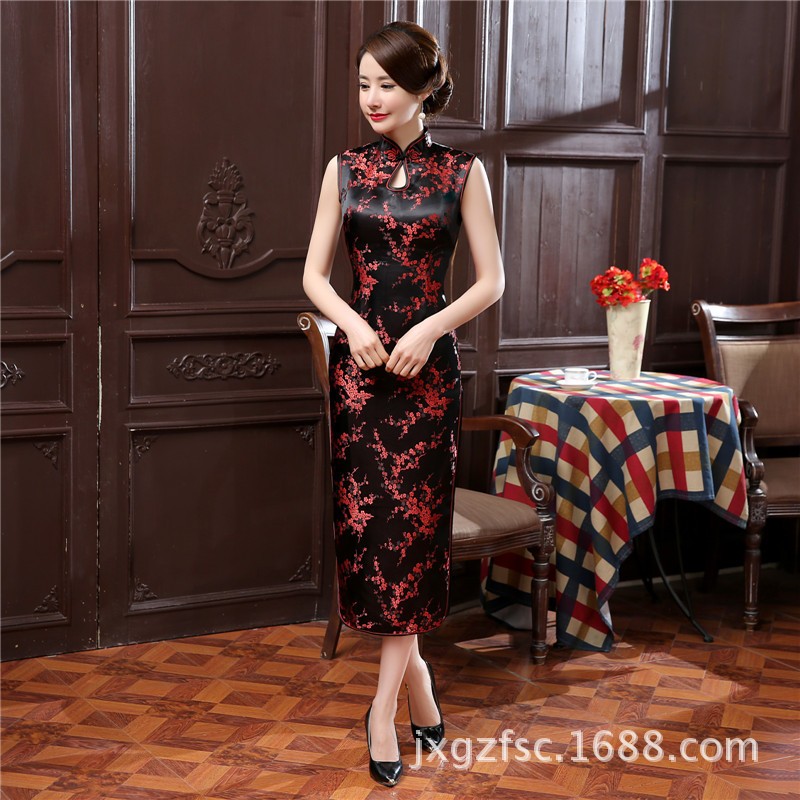 New-Arrival-Black-Chinese-Traditional-Dress-Women-Satin-Polyester-Cheongsam-Long-Dripping-Qipao-Top--32657883761