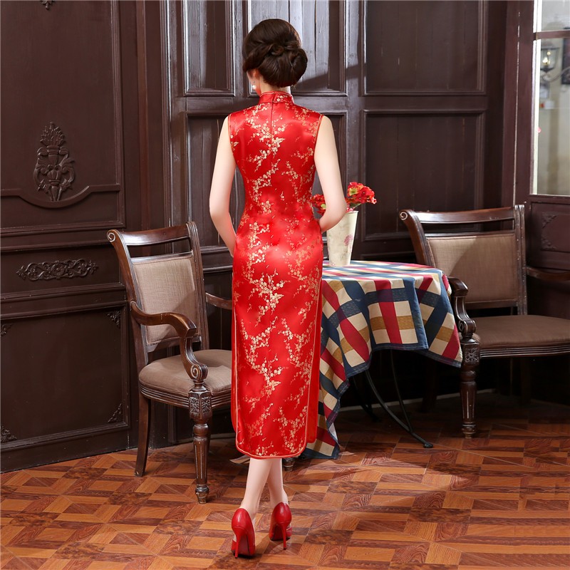 New Arrival Black Chinese Traditional Dress Women Satin Polyester Cheongsam Long Dripping Qipao 