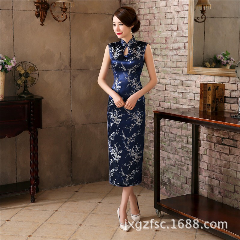 New-Arrival-Black-Chinese-Traditional-Dress-Women-Satin-Polyester-Cheongsam-Long-Dripping-Qipao-Top--32657883761