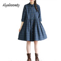 New-Arrival-Spring-Autumn-Women-Plaid-Dress-Turn-Down-Collar-Casual-Loose-Pleated-Cotton-Elbise-Gray-32713983512