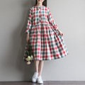 New-Arrival-Spring-Autumn-Women-Plaid-Dress-Turn-Down-Collar-Casual-Loose-Pleated-Cotton-Elbise-Gray-32713983512