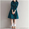 New-Arrival-Spring-Autumn-Women-Plaid-Dress-Turn-Down-Collar-Casual-Loose-Pleated-Cotton-Elbise-Gray-32713983512