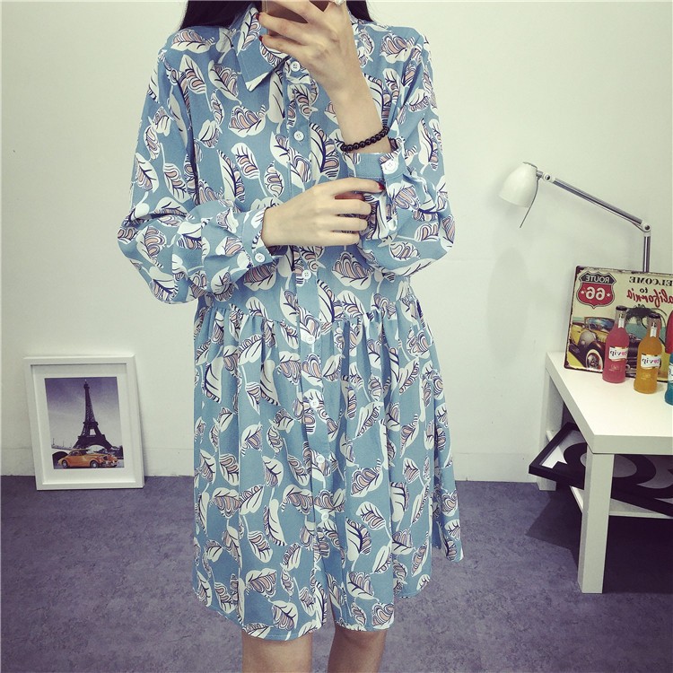 New-Autumn-Women-casual-leaf-print-dresses-swallow-check-Turn-down-collar-Full-sleeve-straight-dress-32741904117