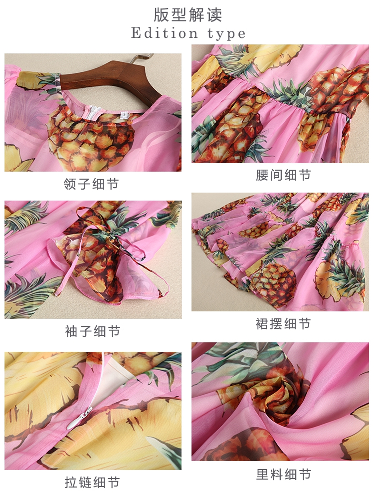 New-Cute-pink-Pineapple-fruit-patterns-print-women-chiffon-long-sleeve-dress-pleated-bohemian-casual-32782764496