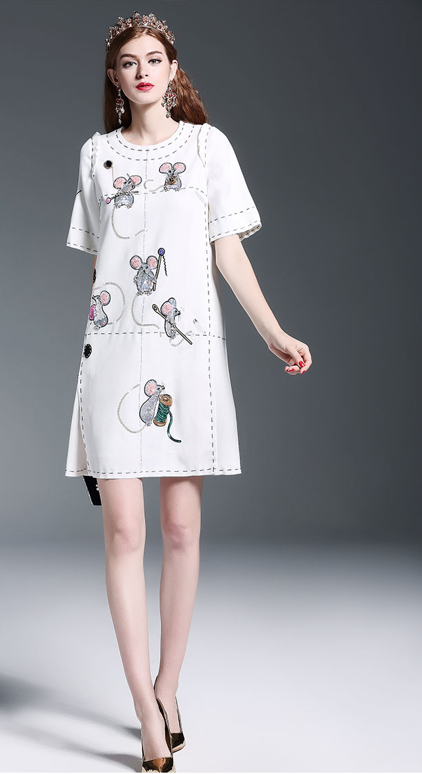 New-Fashion-2016-Runway-Dress-Women39s-High-Quality-Animal-Mouse-Sequin-Beading-Casual-Loose-Straogj-32705790630