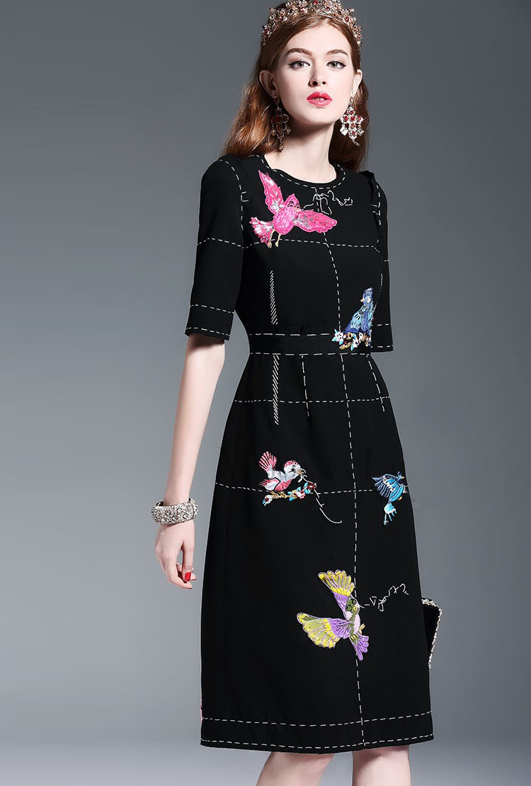 New-Fashion-2016-Runway-Dress-Women39s-High-Quality-Half-Sleeve-Luxury-Birds-Beading-Sequin-Black-Kn-32707299002