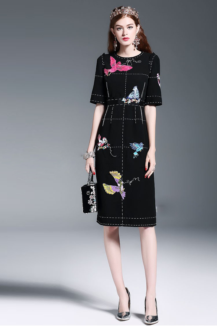 New-Fashion-2016-Runway-Dress-Women39s-High-Quality-Half-Sleeve-Luxury-Birds-Beading-Sequin-Black-Kn-32707299002