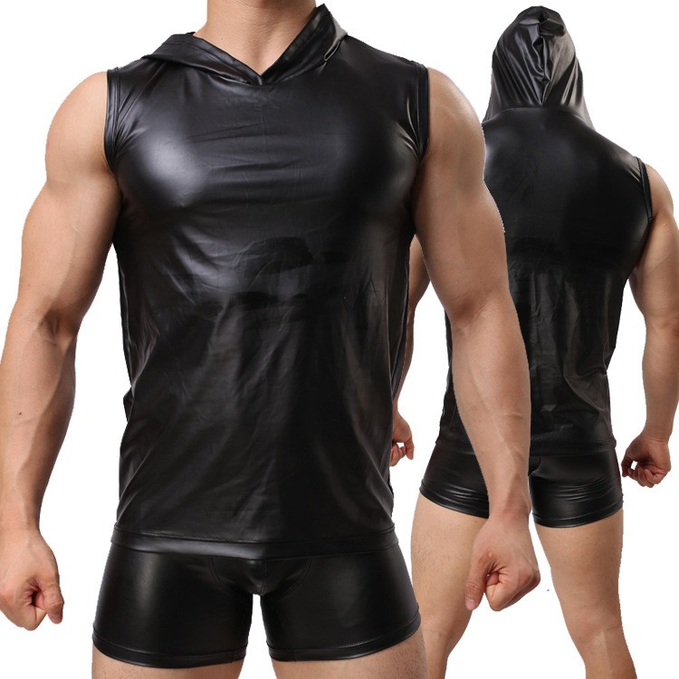 New-Sexy-PU-Faux-Leather-T-Shirts-Hooded-Cool-Men-Night-Tight-Shirts-Leather-Slim-Shirt-Vest--High-Q-32704133989