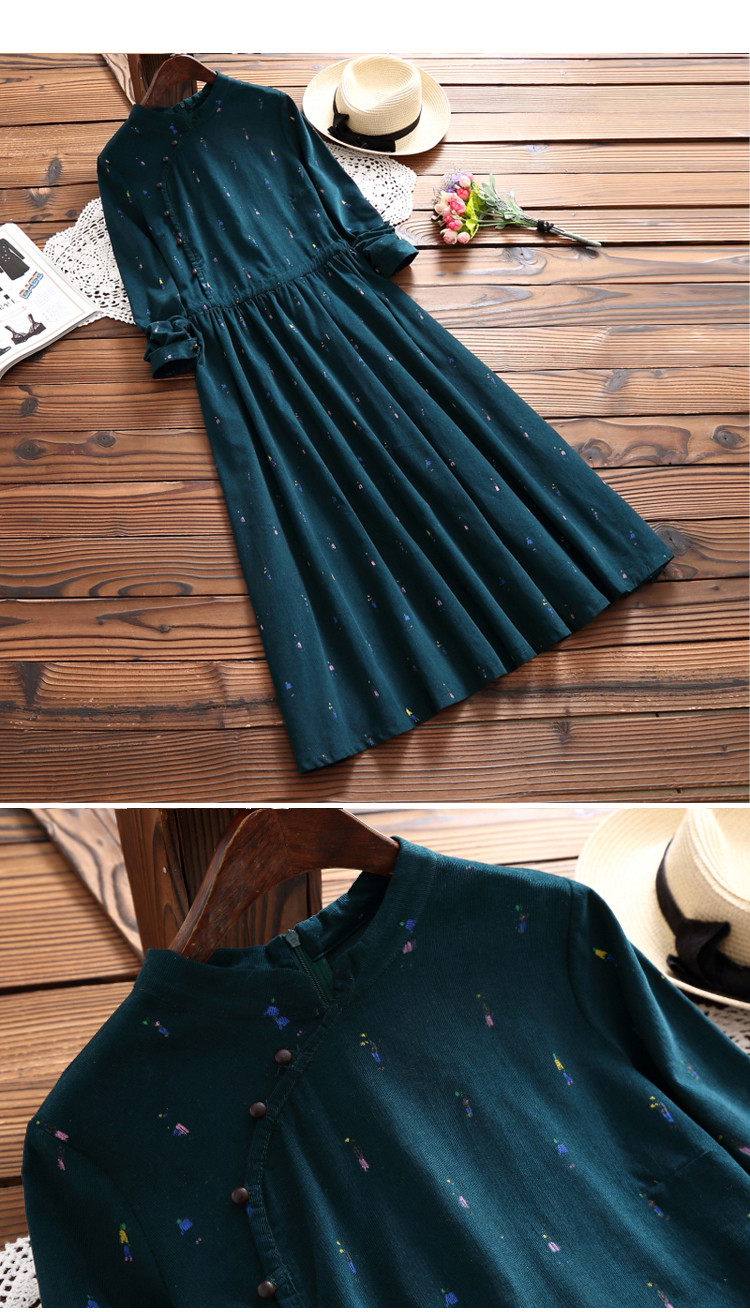 New-Spring-Autumn-Mori-Girl-Maxi-Long-Dress-Stand-Collar-Corduroy-Women-Green-Vestidos-Full-Sleeve-P-32761107378