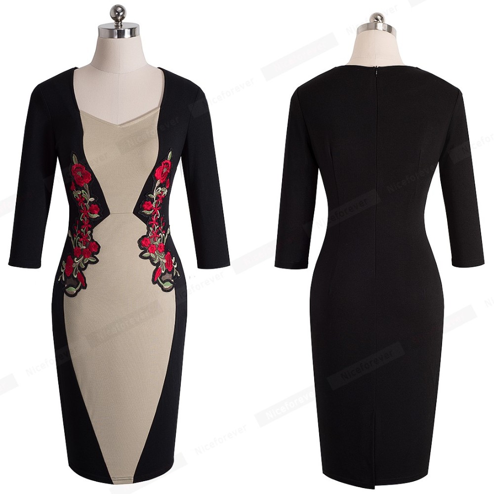 Nice-forever-Elegant-Vintage-Applique-embroidery-Sweat-heart-neck-Office-Dress-Bodycon-Slim-34-Sleev-32781606393