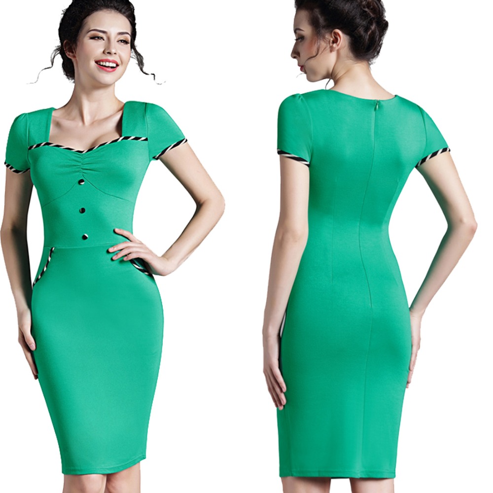 Nice-forever-Fitted-dress-Women39s-summer-Brief--Pinup-Short-Sleeve-Square-Neck-Work-Button-Bodycon--1421378253