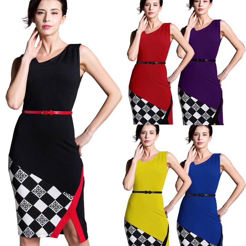 Nice-forever-Summer-Office-Lady-Sleeveless-Belted-Vintage-Dress-Irregular-V-Neck-Patchwork-Checks-Zi-32646897130