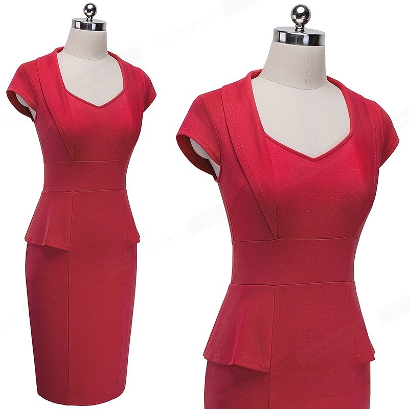 Nice-forever-Vintage-Casual-Office-Dress-Sweet-heart-Neck-Women-Formal-Business-Short-Sleeve-Bodycon-32771162890