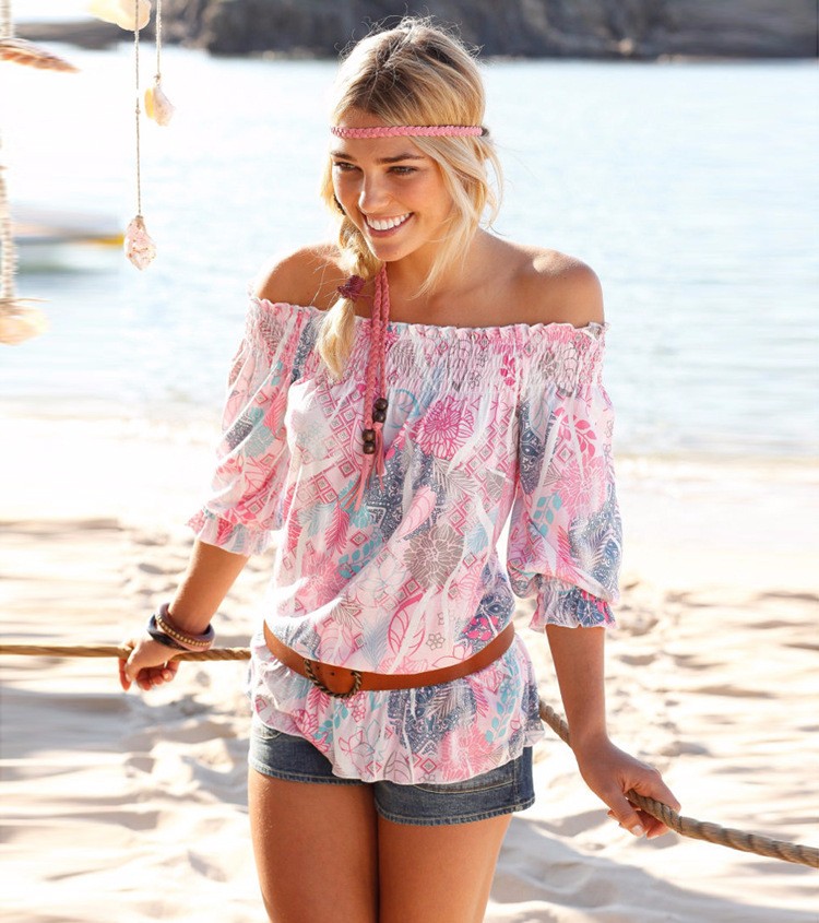 Off-Shoulder-Chiffon-Shirts-Women-Summer-Print-T-shirt-Elastic-Waist-Half-Sleeve-Loose-Beach-Fashion-32706460444