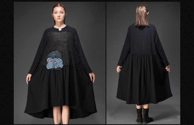 Outline-Brand-Womans-Spring-Autumn-Dresses-Loose-Waist-Long-sleeved-Cotton-Linen-Dress-Black-Embroid-32352585156