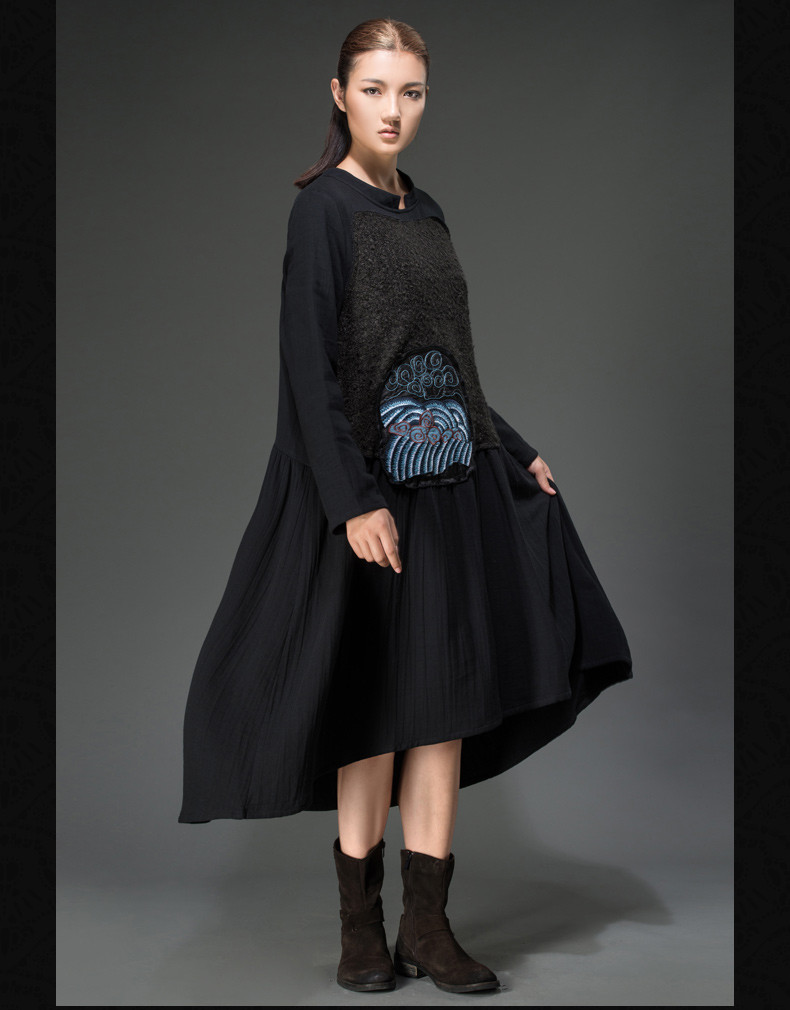 Outline-Brand-Womans-Spring-Autumn-Dresses-Loose-Waist-Long-sleeved-Cotton-Linen-Dress-Black-Embroid-32352585156