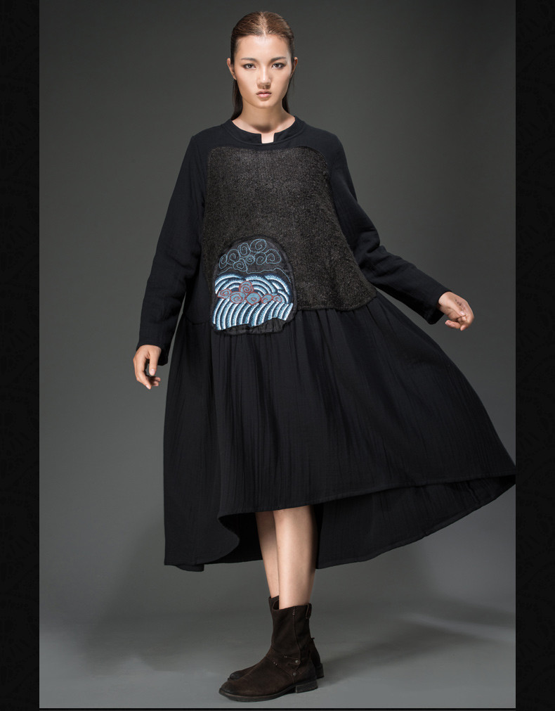 Outline-Brand-Womans-Spring-Autumn-Dresses-Loose-Waist-Long-sleeved-Cotton-Linen-Dress-Black-Embroid-32352585156