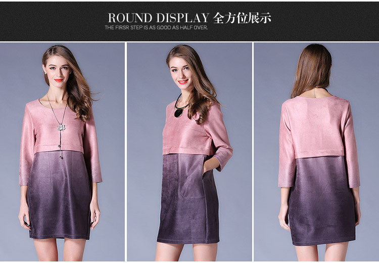 Pink-Purple-Two-Tone-Pieced-Three-Quarter-Sleeve-Imitation-Suede-Dress-Plus-Size-Women-Clothing-3xl-32735609591