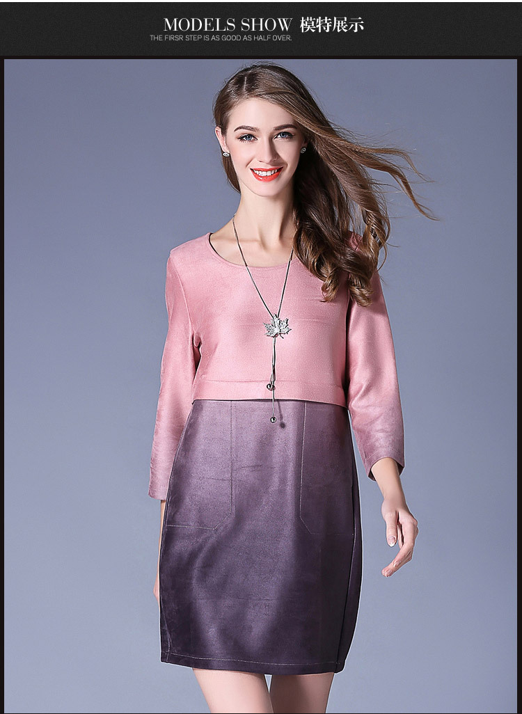 Pink-Purple-Two-Tone-Pieced-Three-Quarter-Sleeve-Imitation-Suede-Dress-Plus-Size-Women-Clothing-3xl-32735609591