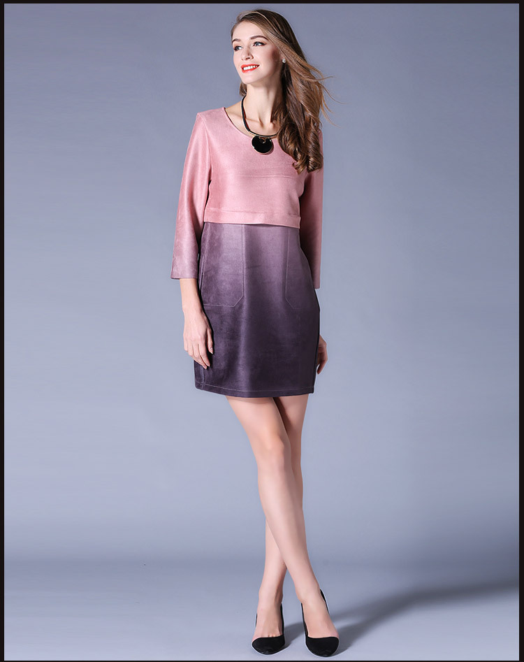 Pink-Purple-Two-Tone-Pieced-Three-Quarter-Sleeve-Imitation-Suede-Dress-Plus-Size-Women-Clothing-3xl-32735609591