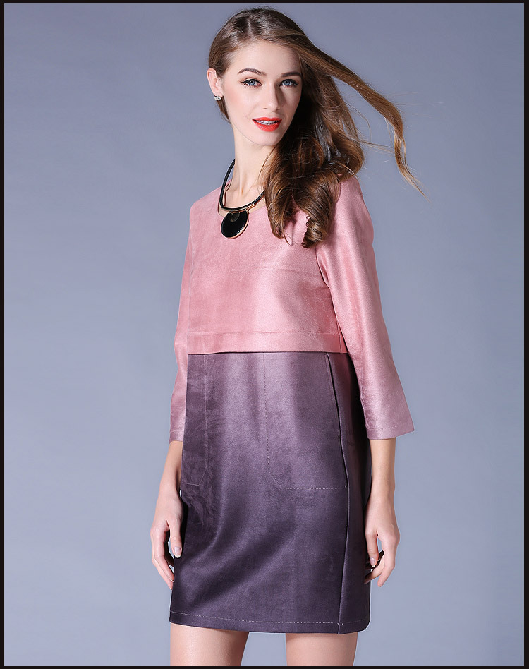 Pink-Purple-Two-Tone-Pieced-Three-Quarter-Sleeve-Imitation-Suede-Dress-Plus-Size-Women-Clothing-3xl-32735609591