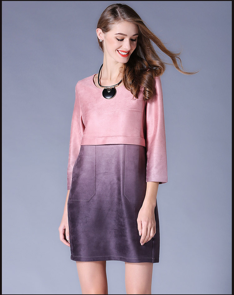 Pink-Purple-Two-Tone-Pieced-Three-Quarter-Sleeve-Imitation-Suede-Dress-Plus-Size-Women-Clothing-3xl-32735609591