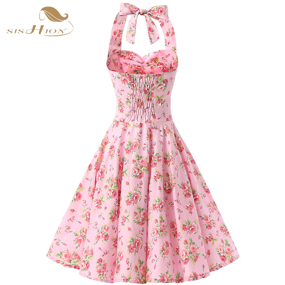 Pink-Women-Dress-Rockabilly-Floral-Print-Retro-Vintage-60s-Sexy-Party-Dress-Pinup-Swing-Hepburn-Summ-32656307784