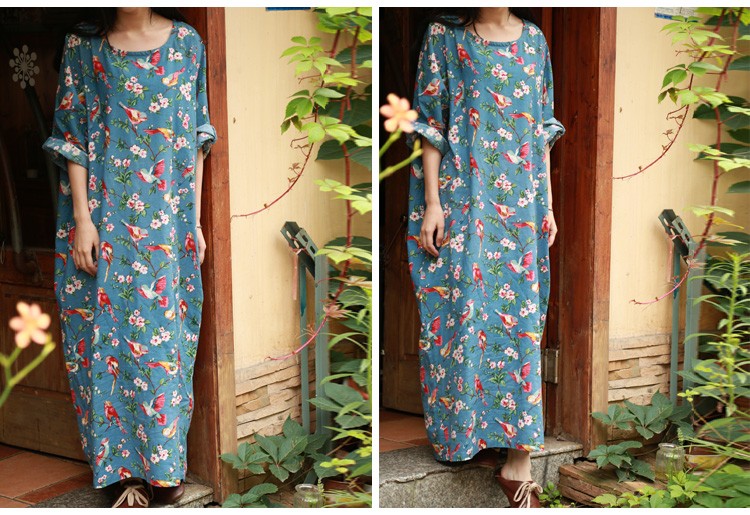 Plus-Size-Floral-Women-Dress-2016-Summer-Long-Dress-Betwing-Sleeve-Cotton-Linen-Maxi-Dress-Back-Slit-32393369252