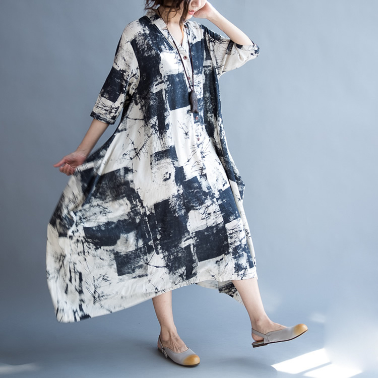 Plus-Size-Maxi-Long-Dresses-Summer-2017-Cotton-Linen-Half-Sleeve-V-neck-Printed-Casual-Loose-Women-D-32779718965