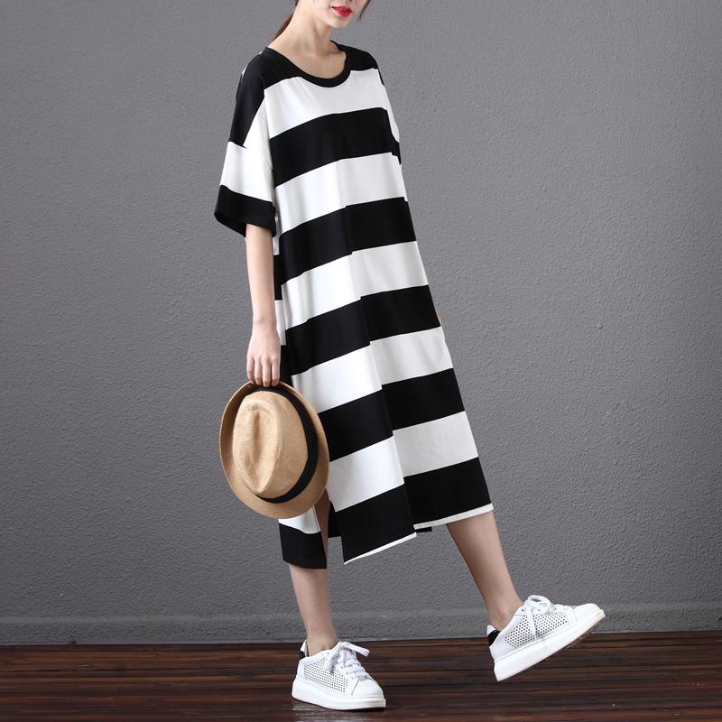 Plus-Size-Women-Cotton-Dress-Striped-Soft-Summer-Dress-Long-T-Shirt-Female-Casual-Fashion-Black-Whit-32794593527