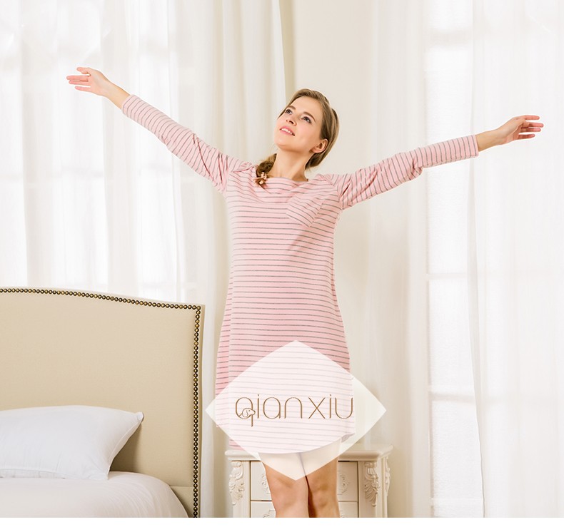 Qianxiu-Brand-Knee-Length-Nightgown-Spring-Autumn-Stripes-Night-dress-Three-Color-95-Sleepwear-32703103347