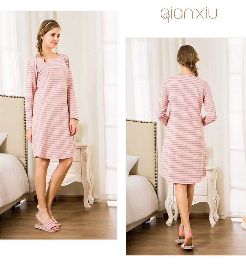 Qianxiu-Brand-Knee-Length-Nightgown-Spring-Autumn-Stripes-Night-dress-Three-Color-95-Sleepwear-32703103347