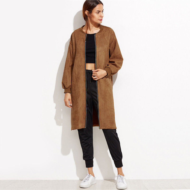 ROMWE-Autumn-Basic-Coat-For-Women-Casual-Long-Outerwear-Khaki-Slit-Side-Collarless-Long-Sleeve-Zip-F-32740737129