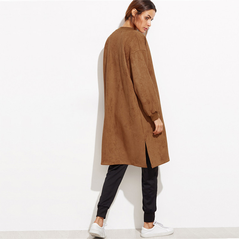 ROMWE-Autumn-Basic-Coat-For-Women-Casual-Long-Outerwear-Khaki-Slit-Side-Collarless-Long-Sleeve-Zip-F-32740737129