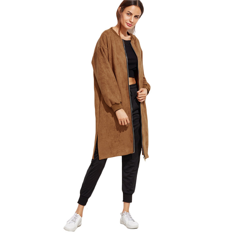 ROMWE-Autumn-Basic-Coat-For-Women-Casual-Long-Outerwear-Khaki-Slit-Side-Collarless-Long-Sleeve-Zip-F-32740737129