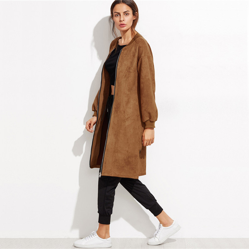 ROMWE-Autumn-Basic-Coat-For-Women-Casual-Long-Outerwear-Khaki-Slit-Side-Collarless-Long-Sleeve-Zip-F-32740737129