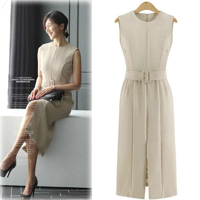 Rebantwa-Summer-OL-Office-Dresses-Polyester-Slim-Waist-Split-Fork-Women-Dress-With-the-Belt-O-neck-V-32793220283