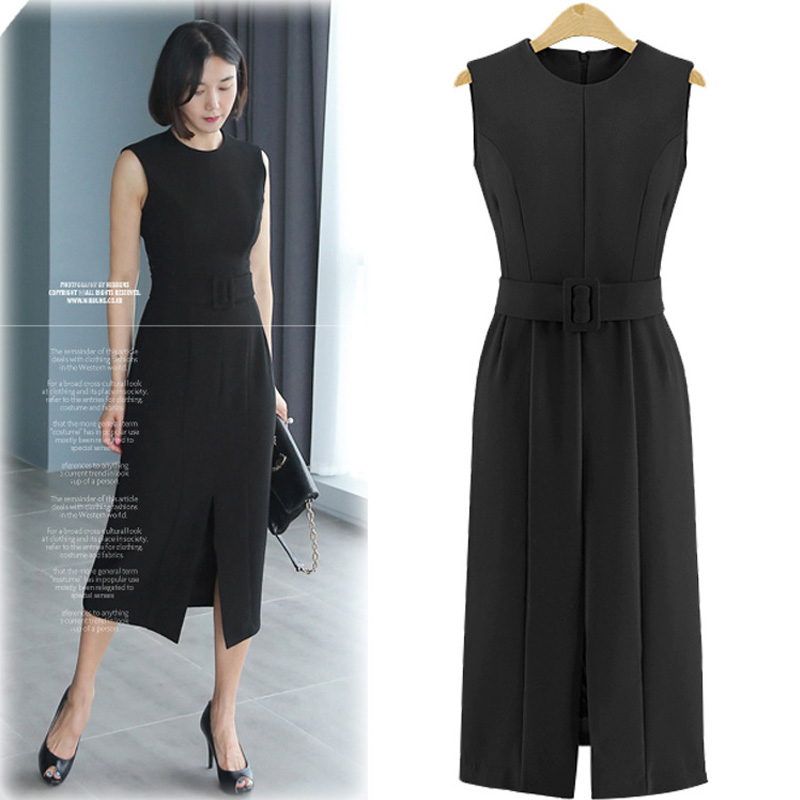 Rebantwa-Summer-OL-Office-Dresses-Polyester-Slim-Waist-Split-Fork-Women-Dress-With-the-Belt-O-neck-V-32793220283