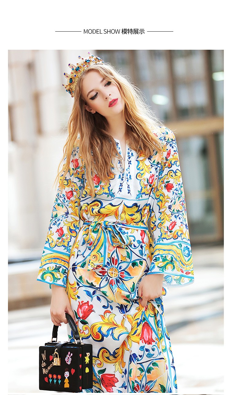 Runway-Maxi-Dress-2016-Women39s-Long-Sleeve-Belted-Casual-Slit-Charming-Floral-Print-Long-Dress-High-32725765738